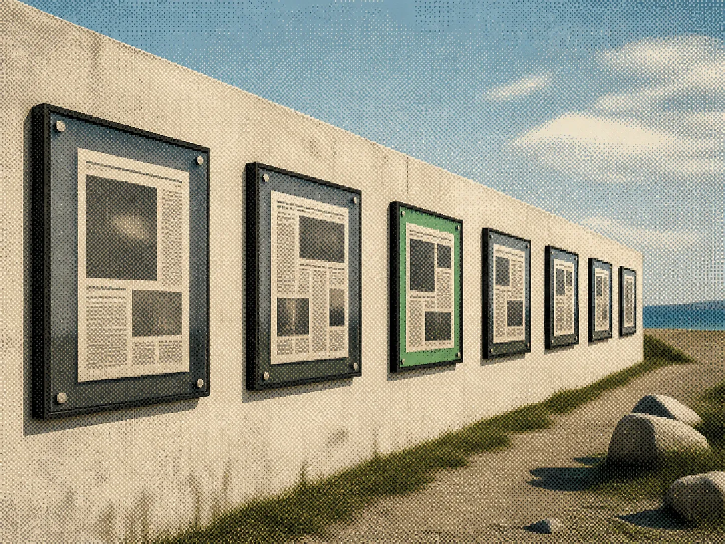 Dithered editorial collage of verified newspaper coverage displayed in framed panels along an outdoor wall