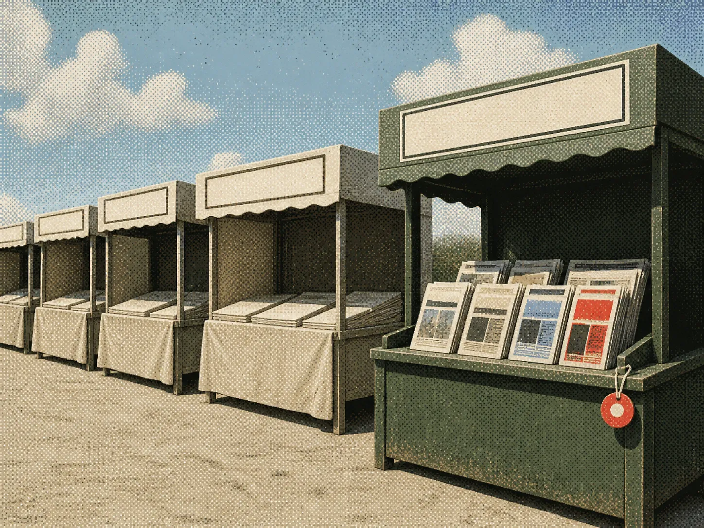 Dithered editorial collage of newspaper market stalls with one transparent, well-stocked stand