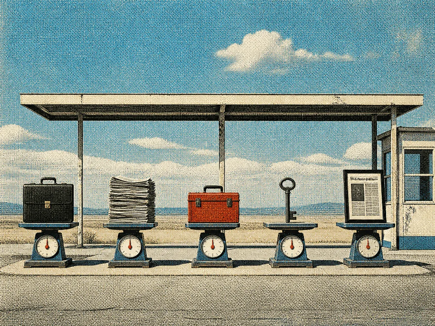 Dithered editorial collage comparing five PR buying models on separate weighing scales