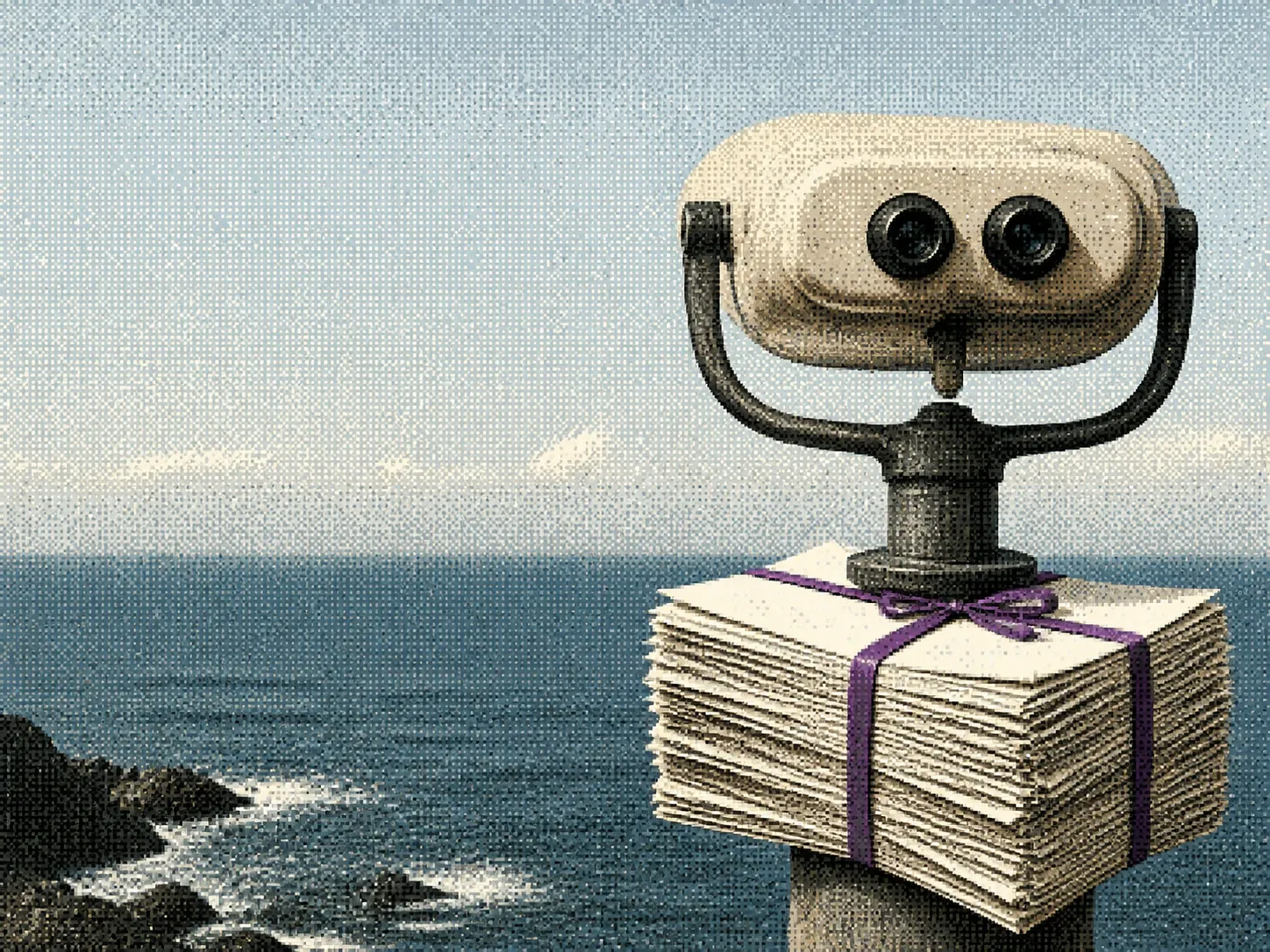 Dithered editorial collage of observation binoculars mounted above a thick bundle of annual contracts