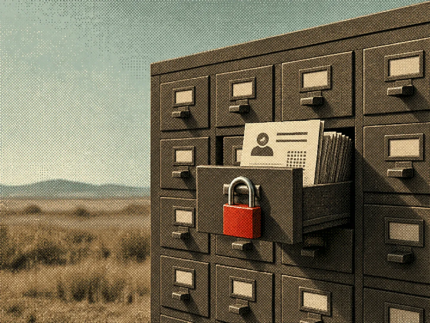 Dithered editorial collage of a journalist card catalog with one contact drawer secured by a red padlock