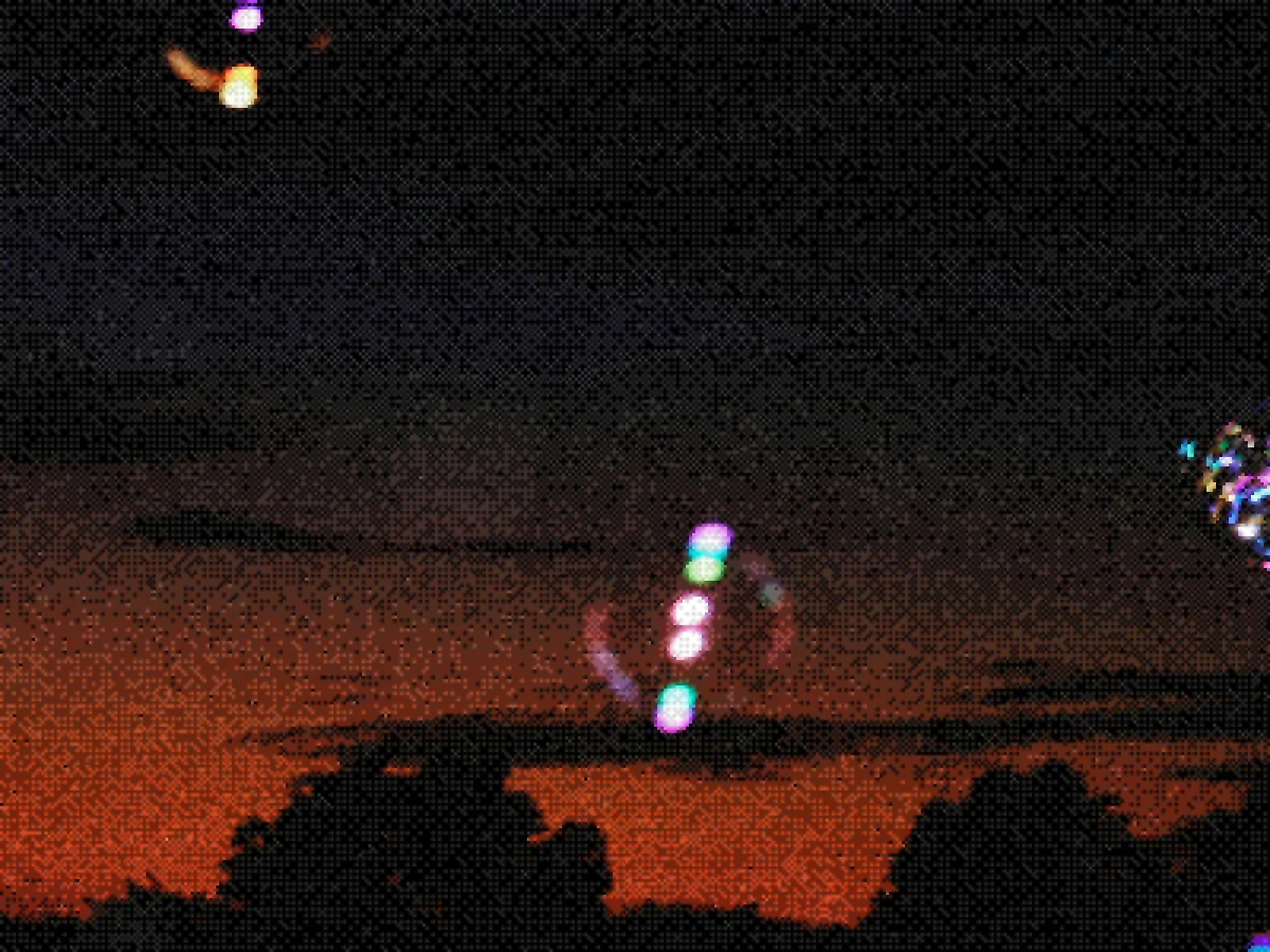 Connected points of light across a dithered night landscape