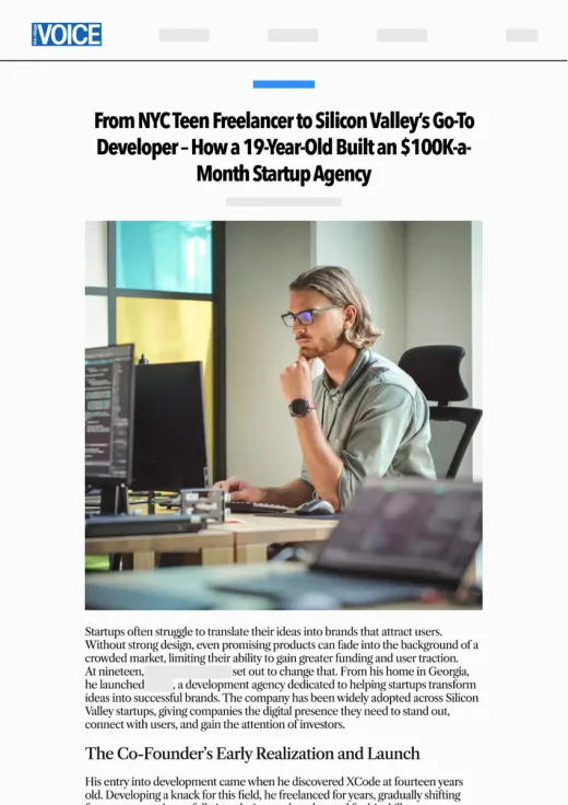 Sample article layout: entrepreneur story