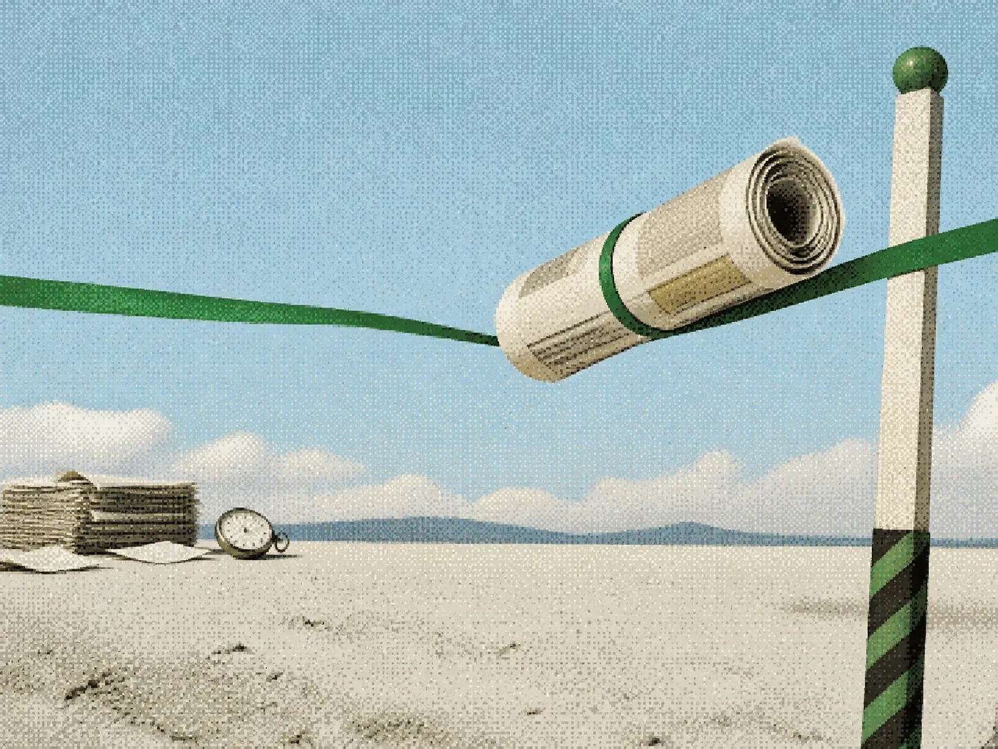 Dithered editorial collage of a rolled newspaper crossing a green finish line ahead of a stopwatch and paperwork