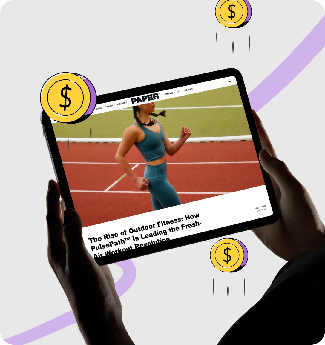 A reader views a fitness story published on PAPER magazine via Presscart, with floating coin icons illustrating pay-per-placement pricing